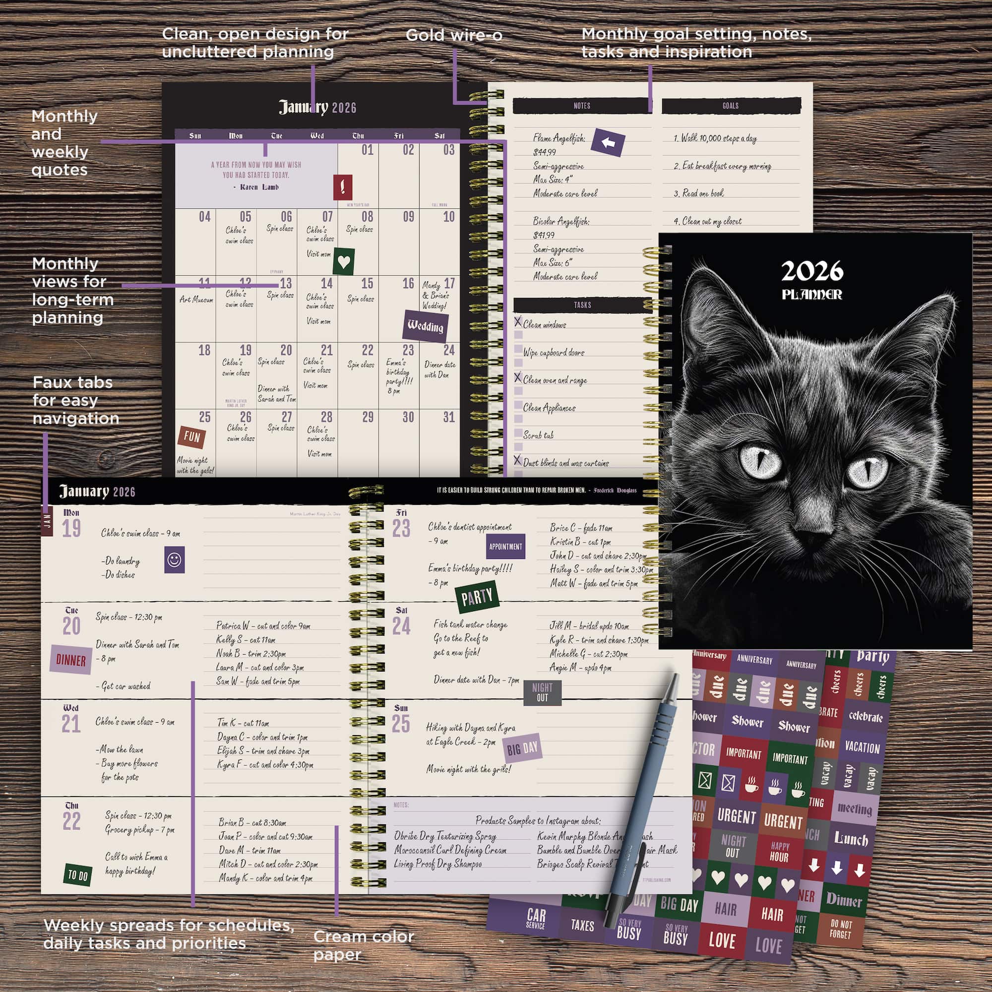 2026 Pretty Kitty Medium Weekly Monthly Planner